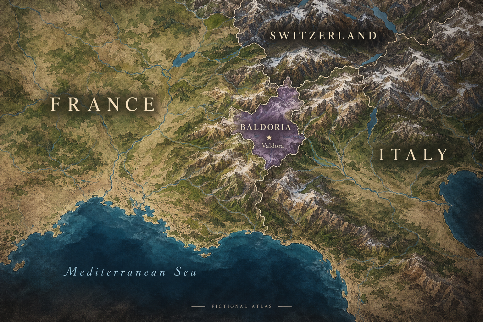 AI-generated fictional atlas: tiny violet Baldoria beside France and Italy in the western Alps, with Valdora marked as its capital and Switzerland to the north.